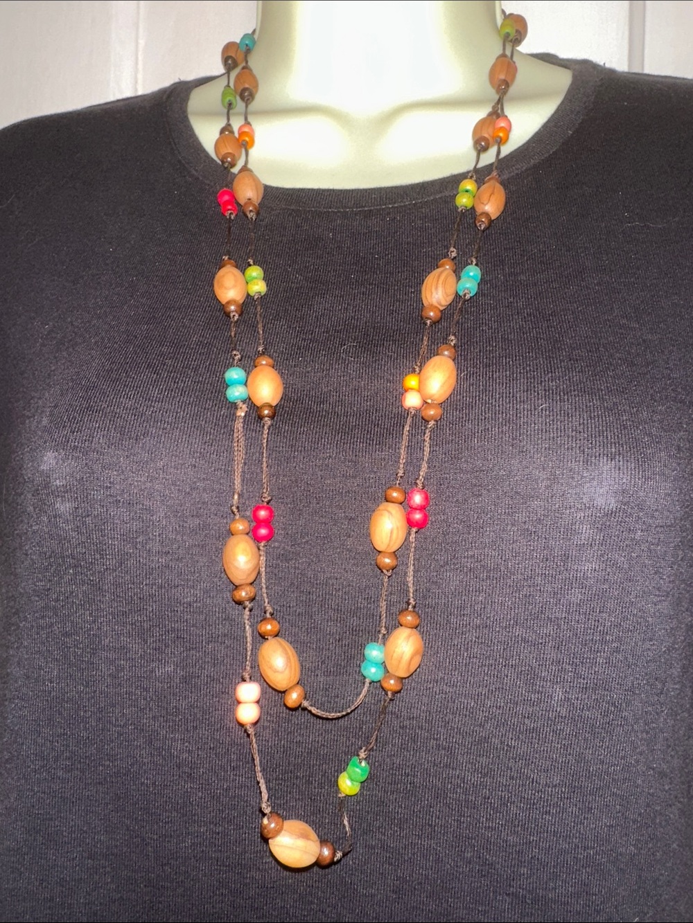 Very Long Beaded Wood Multi-Color Knotted Cord Necklace